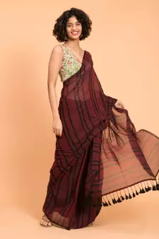 Suta Women Maroon  Black stripes Pure Cotton Saree
