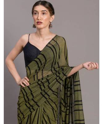 Suta Olive Green  Black stripes  Pure Cotton Saree 2