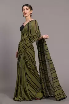 Suta Olive Green  Black stripes  Pure Cotton Saree