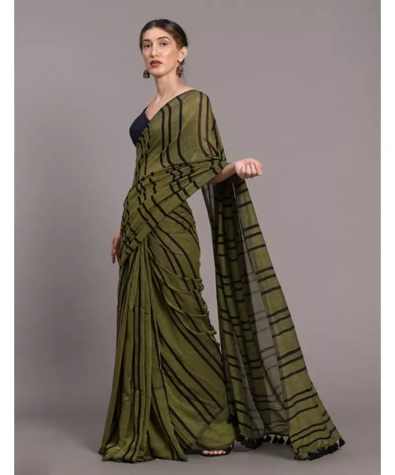 Suta Olive Green  Black stripes  Pure Cotton Saree