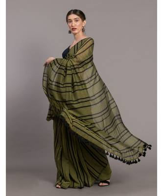 Suta Olive Green  Black stripes  Pure Cotton Saree 3