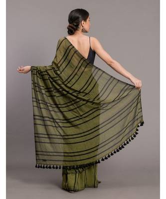 Suta Olive Green  Black stripes  Pure Cotton Saree 4