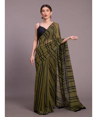 Suta Olive Green  Black stripes  Pure Cotton Saree 5
