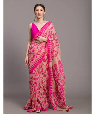 Suta Beige & Pink Floral motif Poly Cotton Saree 1