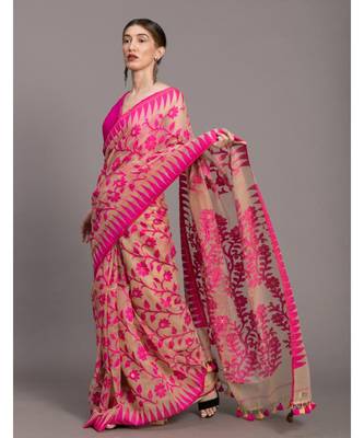 Suta Beige & Pink Floral motif Poly Cotton Saree 2