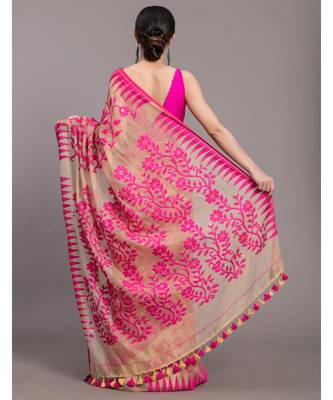 Suta Beige & Pink Floral motif Poly Cotton Saree 3