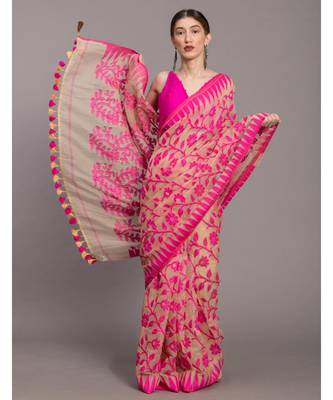 Suta Beige & Pink Floral motif Poly Cotton Saree 4