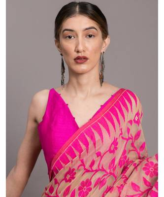 Suta Beige & Pink Floral motif Poly Cotton Saree 5