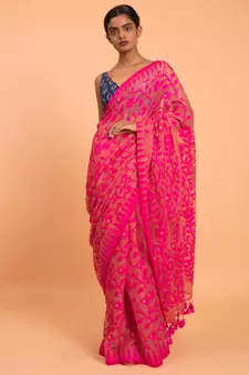 Suta Pink Floral motif Poly Cotton Saree