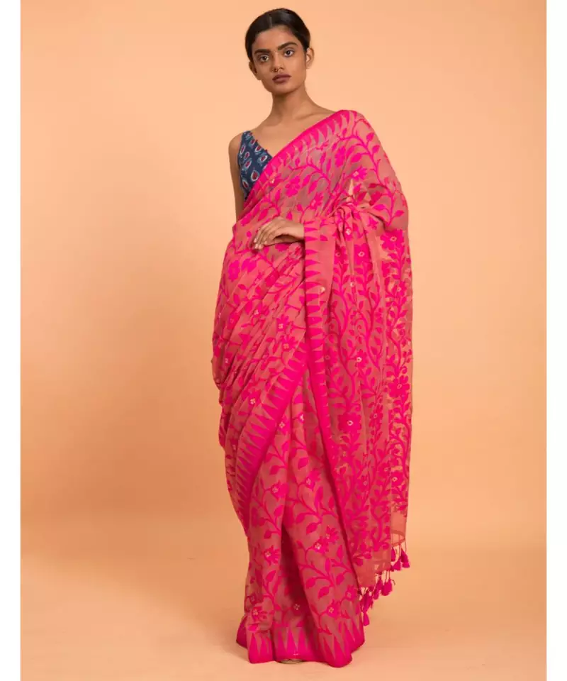 Suta Pink Floral motif Poly Cotton Saree