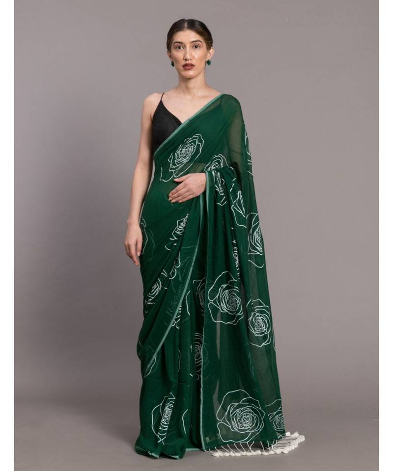 Suta Green  White Floral Pure Cotton Printed Saree