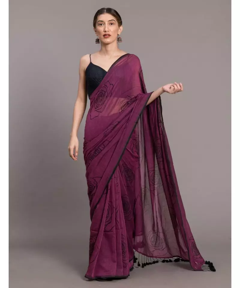 Suta Purple Black Floral Pure Cotton Printed Saree