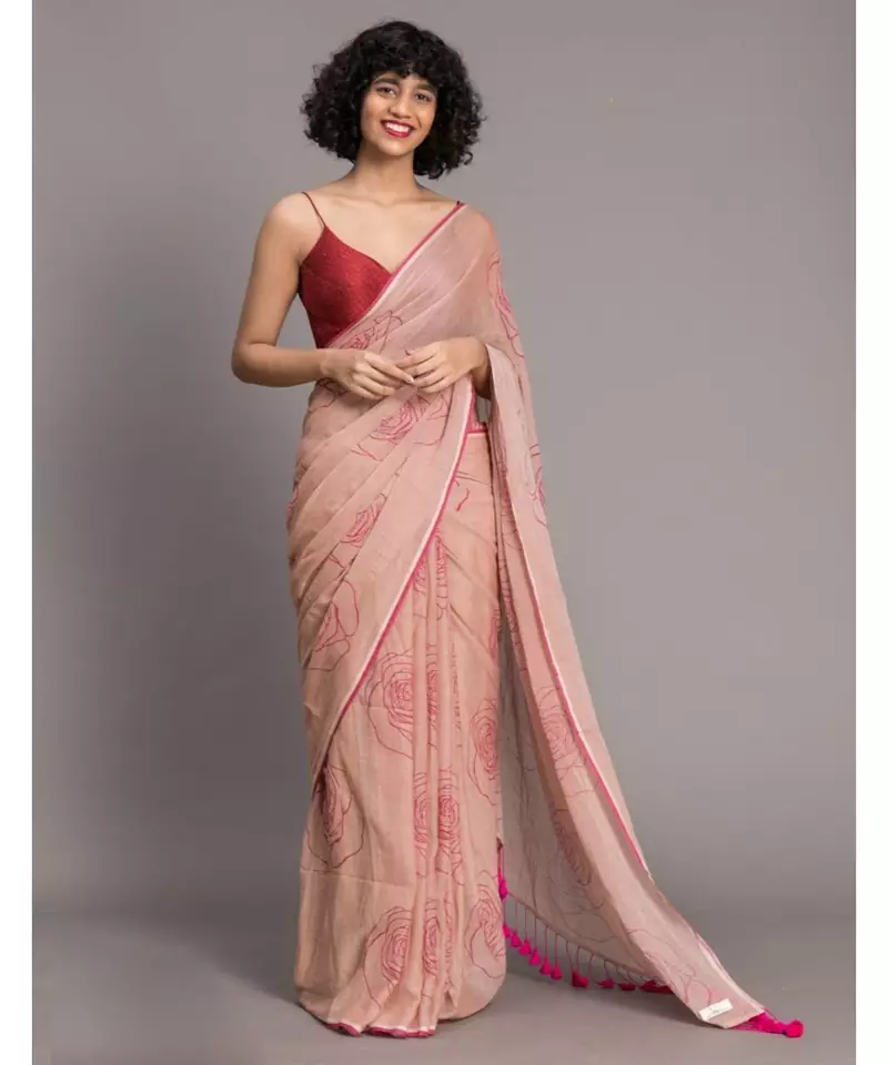 Suta Beige Pink Floral Pure Cotton Printed Saree
