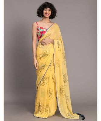 Suta Yellow Black Printed Pure Cotton Saree 1
