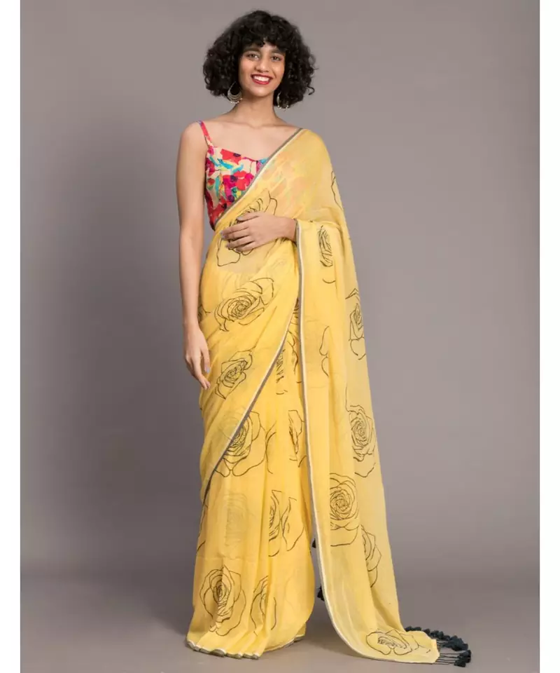 Suta Yellow Black Printed Pure Cotton Saree