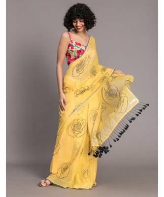 Suta Yellow Black Printed Pure Cotton Saree 2