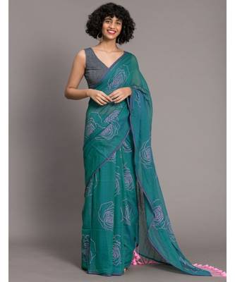 Suta Teal  Pink Floral Printed Pure Cotton Saree 1