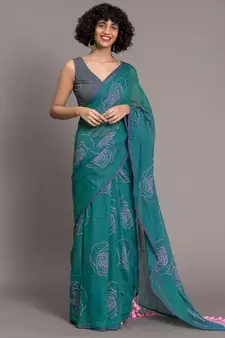Suta Teal  Pink Floral Printed Pure Cotton Saree