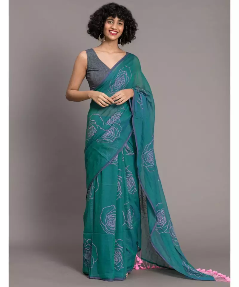 Suta Teal  Pink Floral Printed Pure Cotton Saree