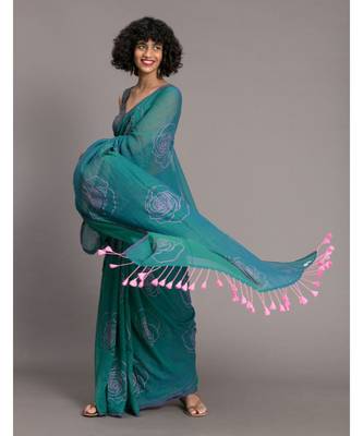 Suta Teal  Pink Floral Printed Pure Cotton Saree 3