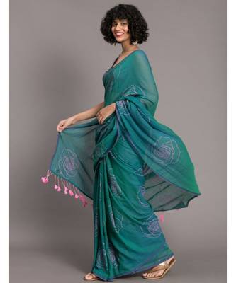 Suta Teal  Pink Floral Printed Pure Cotton Saree 4