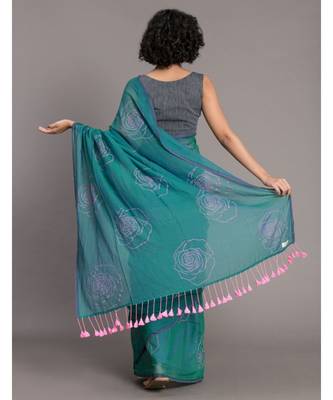 Suta Teal  Pink Floral Printed Pure Cotton Saree 5