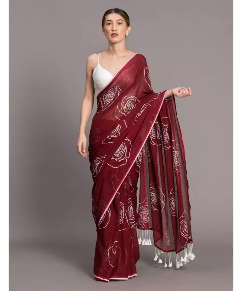 Suta Maroon White Floral Printed Pure Cotton Saree