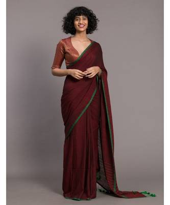 Suta Maroon Green Solid Cotton stripes Saree 1