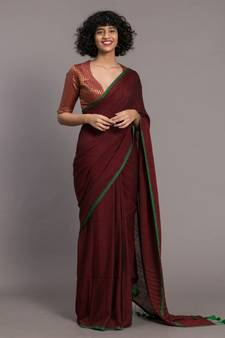 Suta Maroon Green Solid Cotton stripes Saree