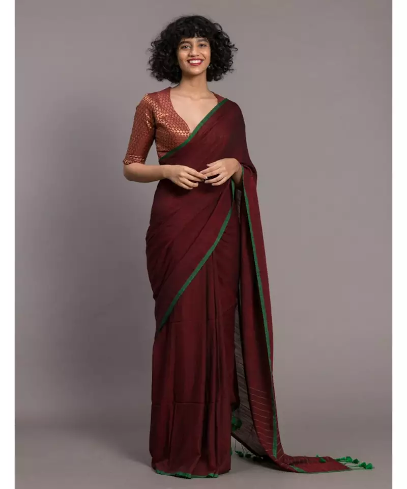 Suta Maroon Green Solid Cotton stripes Saree