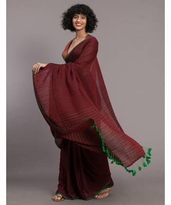 Suta Maroon Green Solid Cotton stripes Saree 3