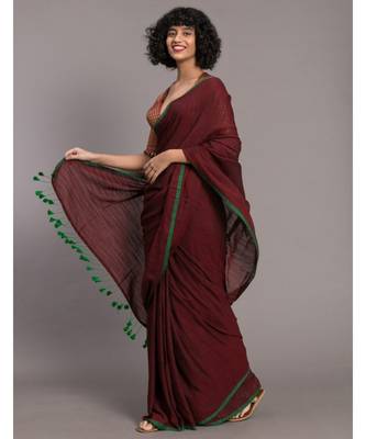 Suta Maroon Green Solid Cotton stripes Saree 4