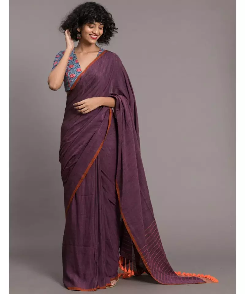 Suta Purple  Orange Solid Cotton Saree