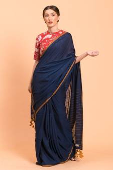 Suta Navy Blue Yellow Solid Cotton stripes Saree