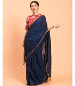 Suta Navy Blue Yellow Solid Cotton stripes Saree