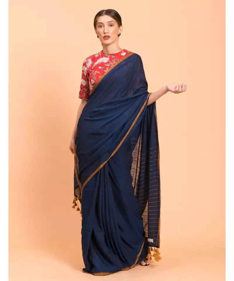 Suta Navy Blue Yellow Solid Cotton stripes Saree