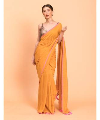 Suta Mustard Pink Solid Cotton stripes Saree 1