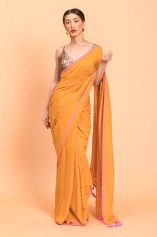 Suta Mustard Pink Solid Cotton stripes Saree