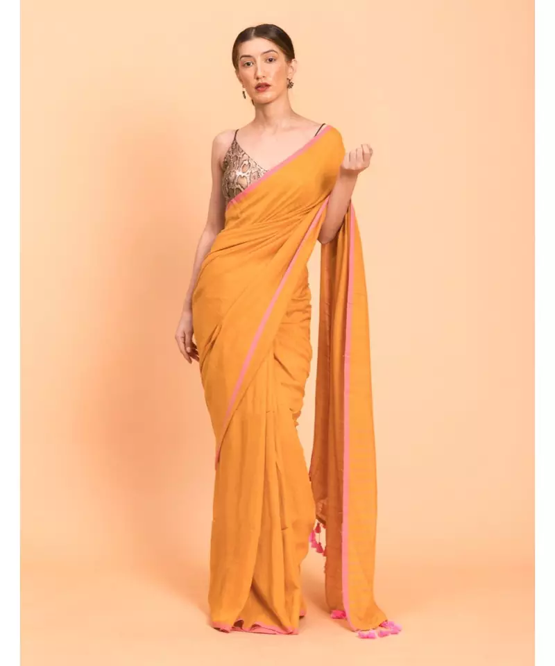 Suta Mustard Pink Solid Cotton stripes Saree