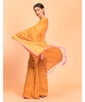 Suta Mustard Pink Solid Cotton stripes Saree 2
