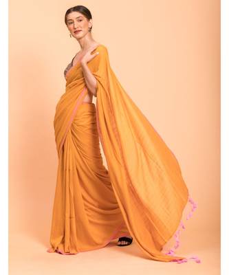 Suta Mustard Pink Solid Cotton stripes Saree 3