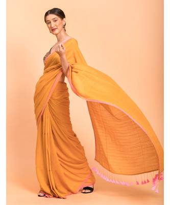 Suta Mustard Pink Solid Cotton stripes Saree 4