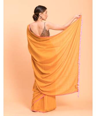 Suta Mustard Pink Solid Cotton stripes Saree 5