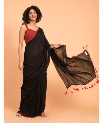 Suta Black  Maroon stripes Solid Cotton Saree 1