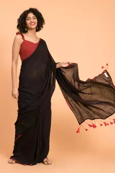 Suta Black  Maroon stripes Solid Cotton Saree
