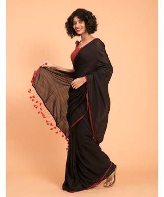 Suta Black  Maroon stripes Solid Cotton Saree 4