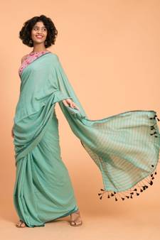 Suta Teal  Black stripes Solid Cotton Saree