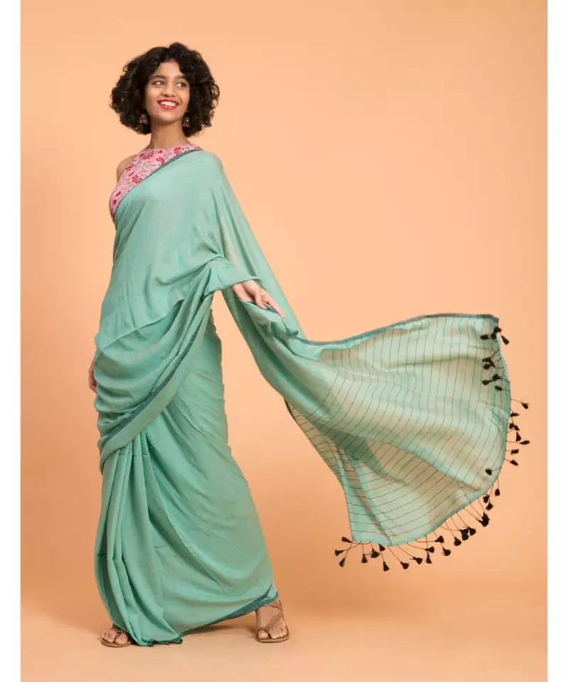 Suta Teal  Black stripes Solid Cotton Saree