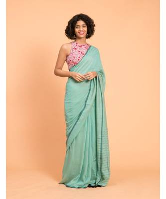 Suta Teal  Black stripes Solid Cotton Saree 3
