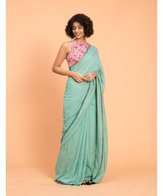 Suta Teal  Black stripes Solid Cotton Saree 4